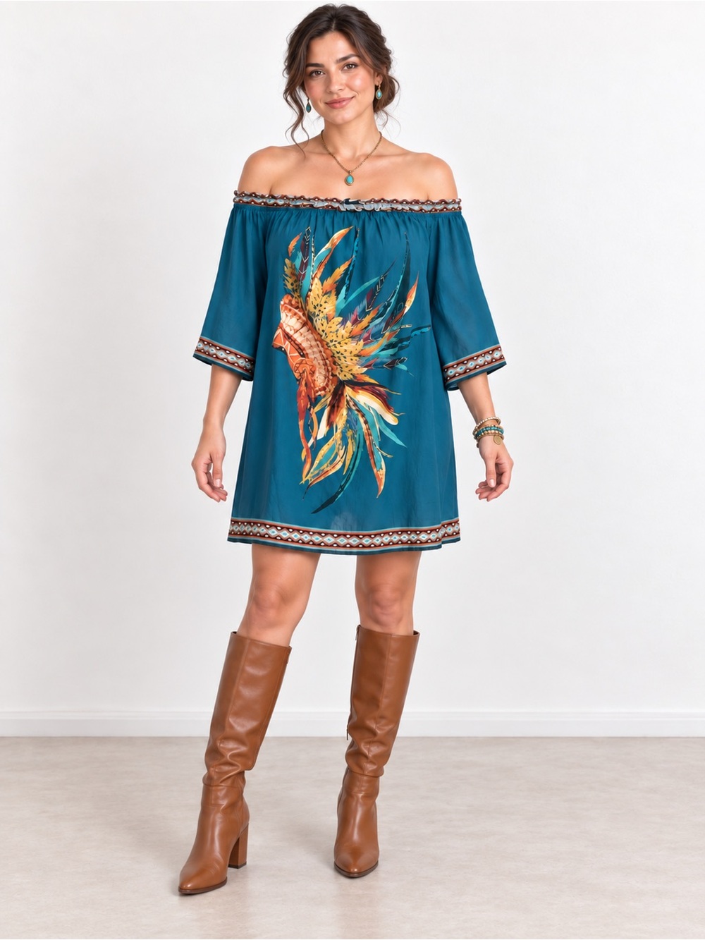 ROCKIN’ C Size M Teal Off Shoulder Western Feather Print Dress